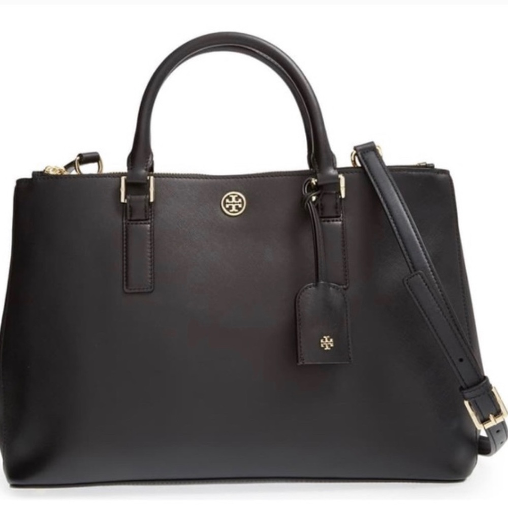 Tory Burch Robinson Double Zip Tote Saffiano Black Leather Large